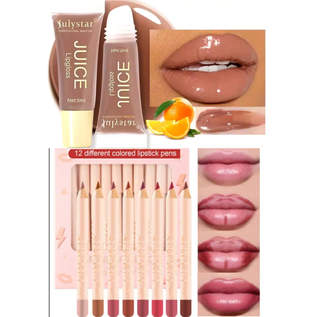 Fruity juice Flavor Moisturizing Lip Gloss, Lasting glossy mirror(5pcs/set/12pcs lipliner), 5 Counts, Winter Gift,Glossy Lip Shape