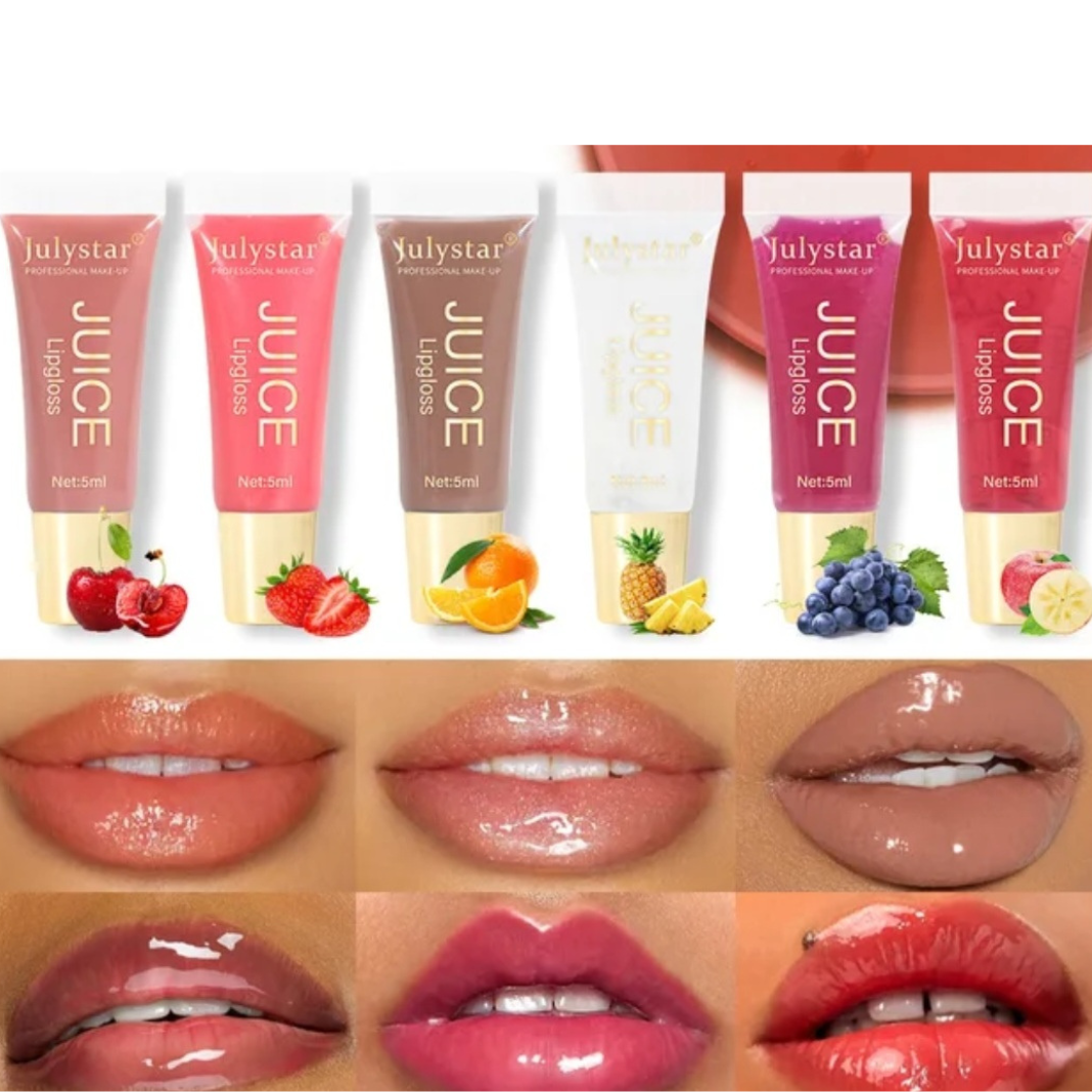 Fruity juice Flavor Moisturizing Lip Gloss, Lasting glossy mirror(5pcs/set/12pcs lipliner), 5 Counts, Winter Gift,Glossy Lip Shape